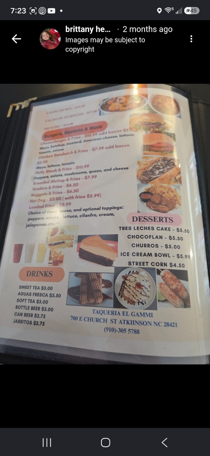 Taqueria El Gammi menu page 1 with burgers, desserts and drinks