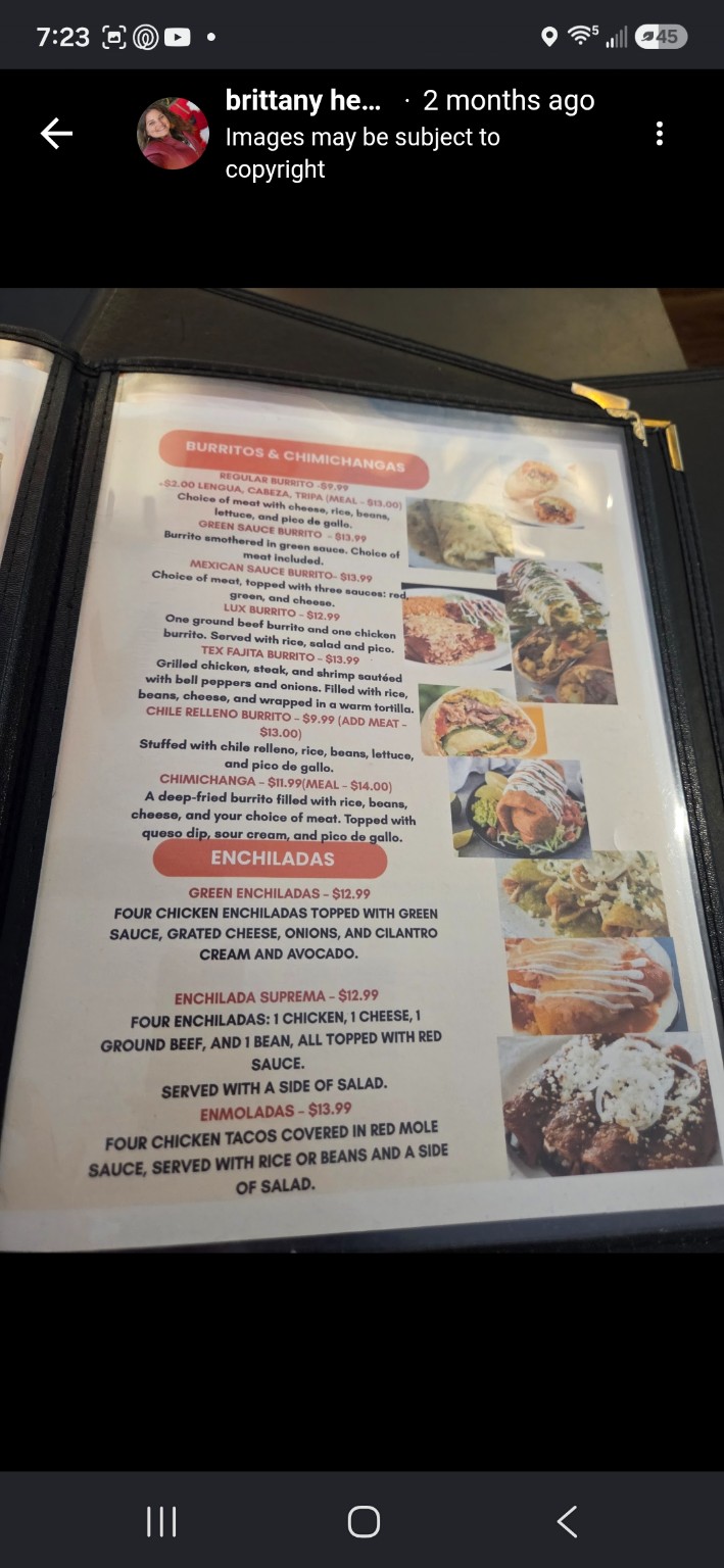 Taqueria El Gammi menu page 2 with burritos, chimichangas and enchiladas
