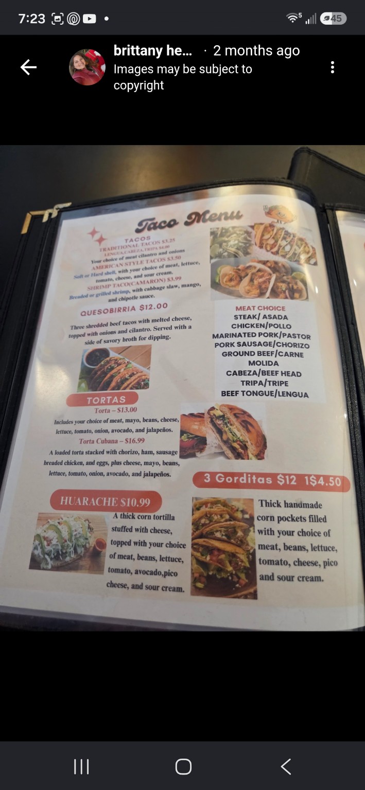 Taqueria El Gammi taco menu with tortas, huarache and gorditas